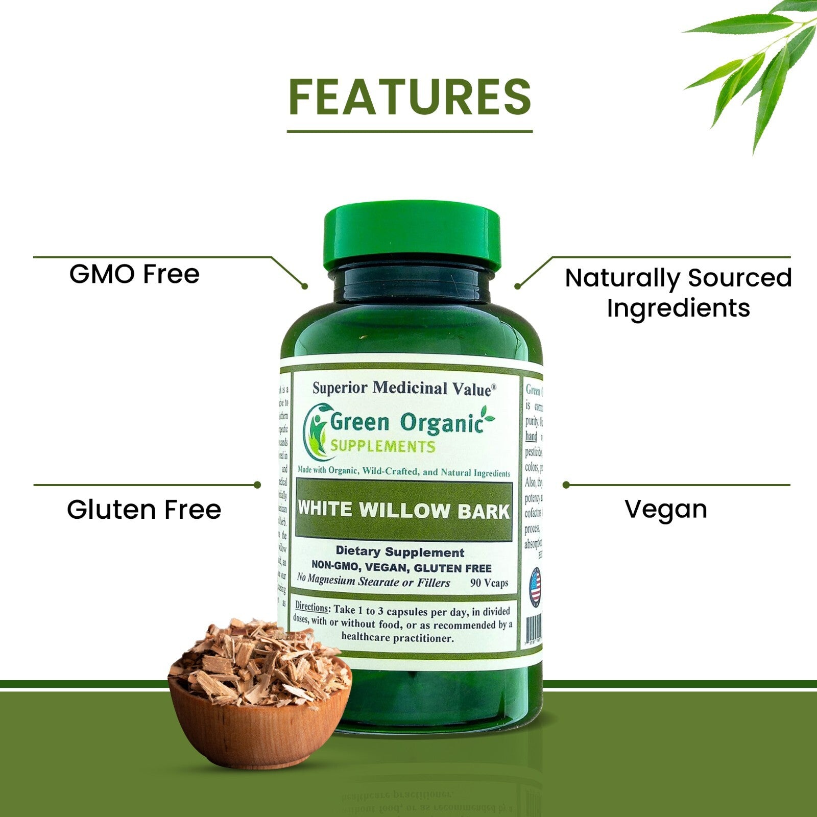 White Willow Bark Capsules 90 Caps, 710Mg - Green Organic Supplements
